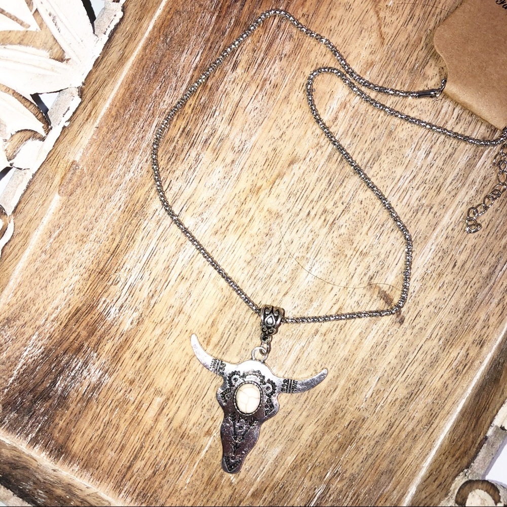 Bull Skull Pendant Cream Stone Silver Western Steer Cowboy